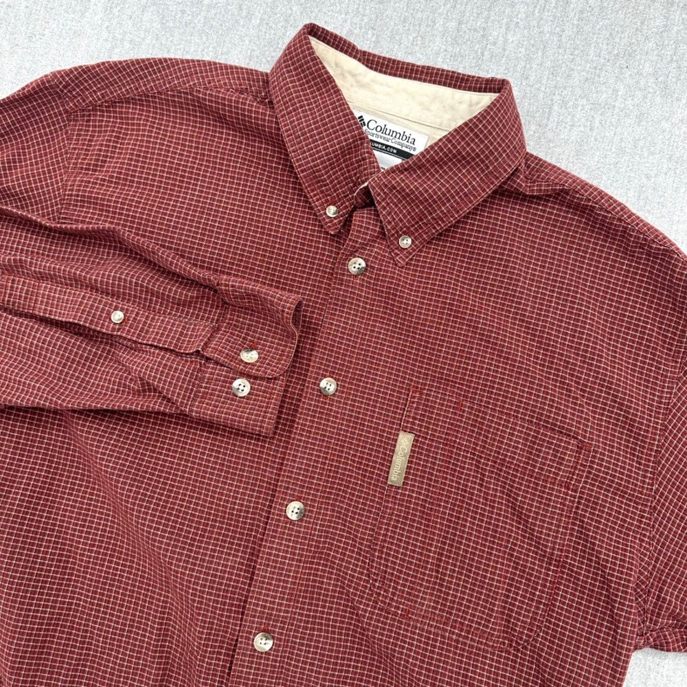 Columbia Button Down Mens Medium Red l Grid Plaid Long Sleeve Cotton Shirt